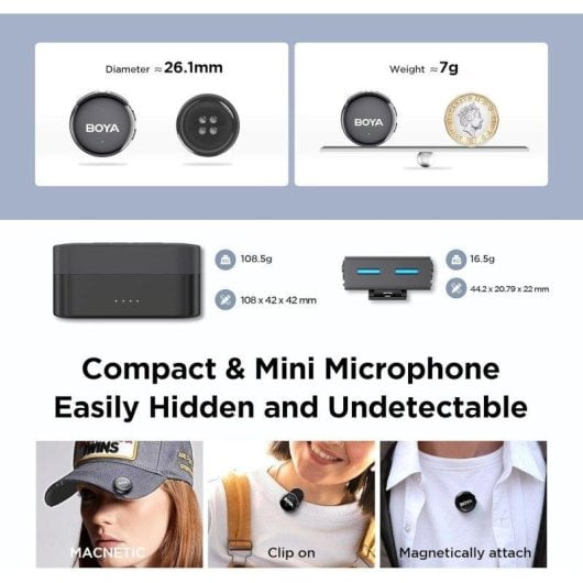 Microfone BOYA BOYALINK 3 USB-C Lightning cardioide com IA DNN e case de carga