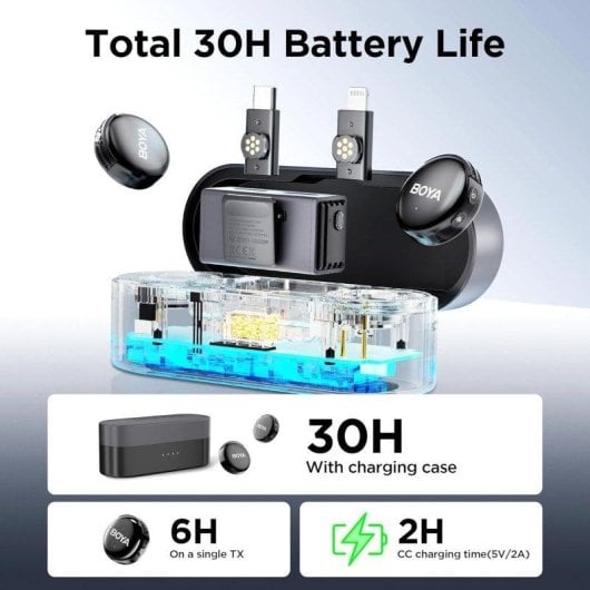 Microfone BOYA BOYALINK 3 USB-C Lightning cardioide com IA DNN e case de carga