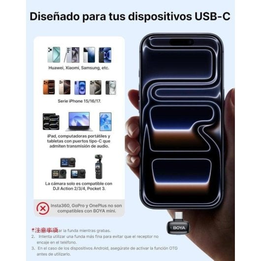 Micrófono BOYA Mini 2 inalámbrico USB-C omnidireccional con cancelación de ruido AI