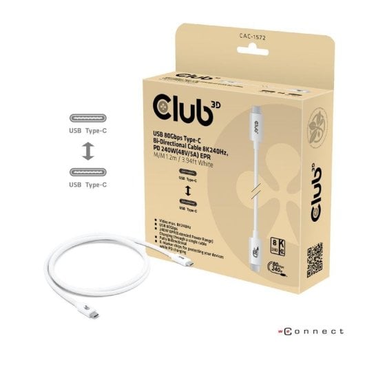 Câble USB Club 3D CAC-1572 1,2 m 80 Gbit/s 240W USB4 Type-C Blanc