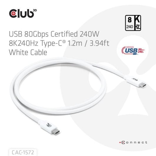 Câble USB Club 3D CAC-1572 1,2 m 80 Gbit/s 240W USB4 Type-C Blanc