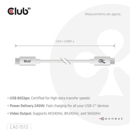 Câble USB Club 3D CAC-1572 1,2 m 80 Gbit/s 240W USB4 Type-C Blanc