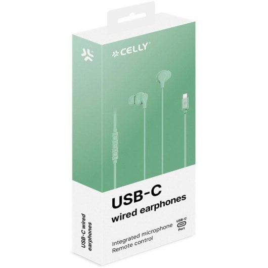 Auriculaires Celly UP1600TYPECGN filaires USB-C pour appels et musique avec micro vert