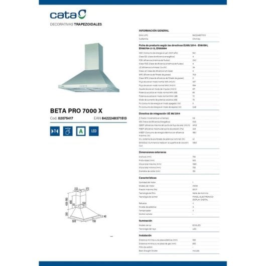 Campana extractora CATA BETA PRO 7000 X Ductada/Recirculación 70cm inox LED silenciosa