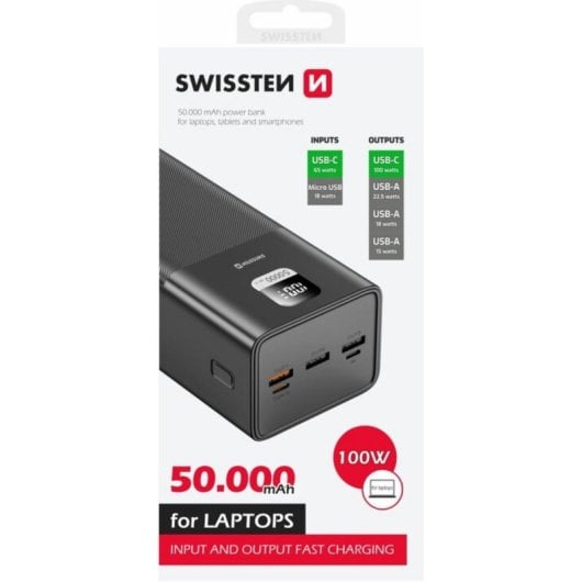 Batería externa Swissten 22013942 50000 mAh carga rápida 4 puertos USB-C USB-A negro