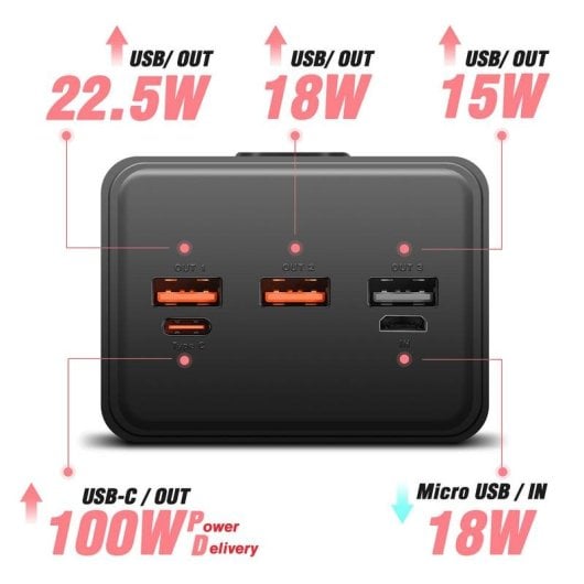 Batería externa Swissten 22013942 50000 mAh carga rápida 4 puertos USB-C USB-A negro