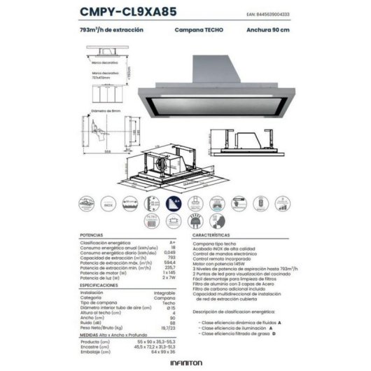 Campana extractora Infiniton CMPY-CL9XA85 Conducción/Recirculación 90cm con control táctil y LED