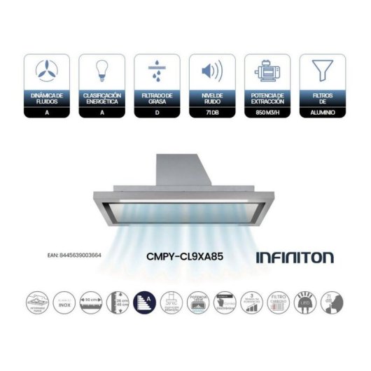 Campana extractora Infiniton CMPY-CL9XA85 Conducción/Recirculación 90cm con control táctil y LED