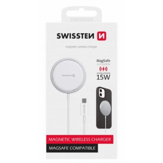 Chargeur sans fil Swissten MagStick 15W USB-C iPhone MagSafe blanc