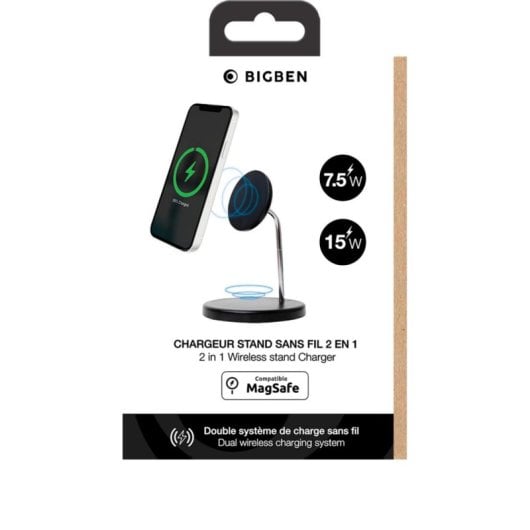 Cargador inalámbrico BIGBEN INDMS2IN1STAND15WB 15W soporte MagSafe negro
