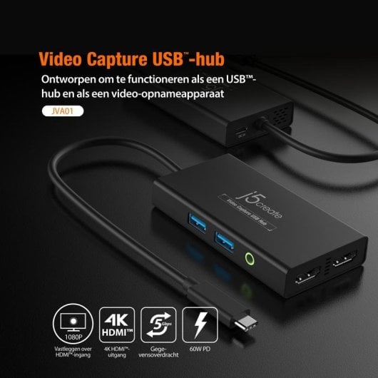 Capturateur vidéo J5CREATE JVA01-N USB-C double HDMI 4K 2xUSB 1080p 30Hz
