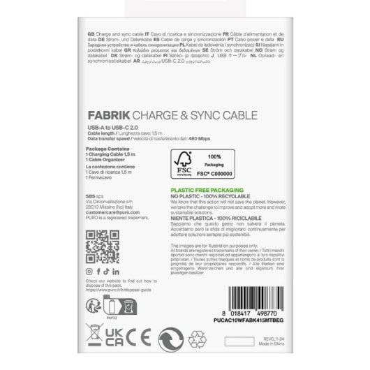 Cabo USB PURO PUCAC10WFABK415MTBEG 1,5 m USB-A USB-C TPE Bege