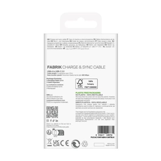 Câble USB PURO PUCAC10WFABK415MTBLK 1,5 m USB-A vers USB-C Noir