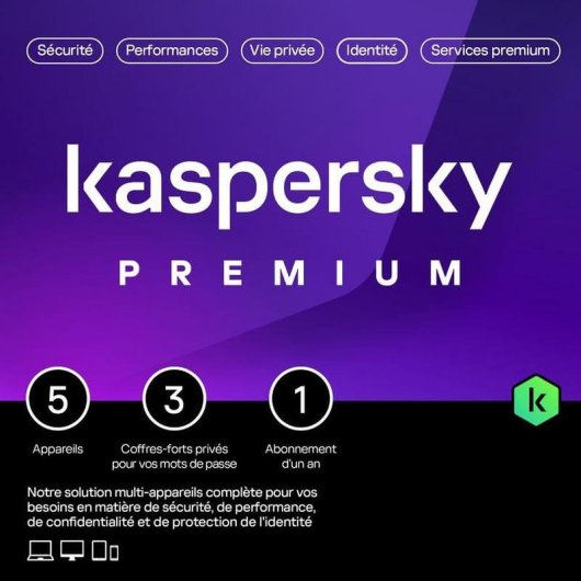 Logiciel de sécurité Kaspersky KL1047F5EFS Premium 5 appareils VPN Gestionnaire