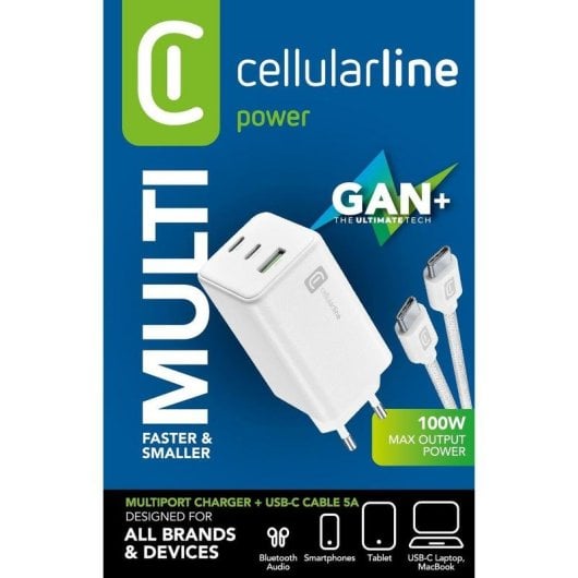 Chargeur Cellularline Multipower 100W Kit GaN 2x USB-C 1x USB-A Blanc