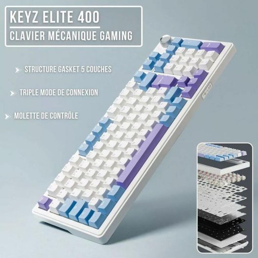 Clavier The G-Lab Keyz Elite 400 compact sans fil, switches linéaires, rétroéclairage RGB, AZERTY