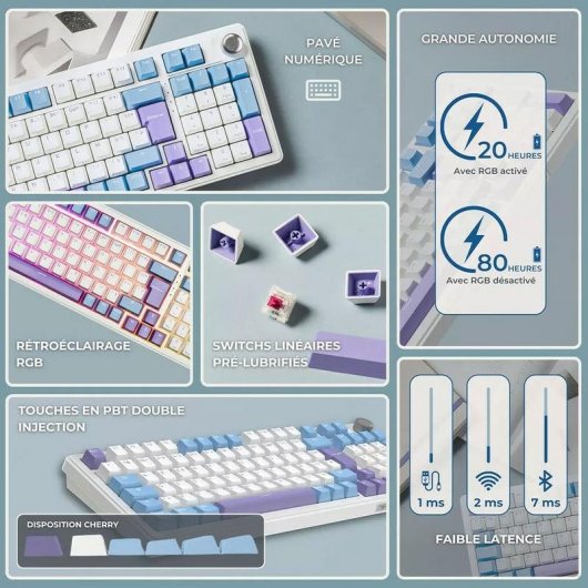 Clavier The G-Lab Keyz Elite 400 compact sans fil, switches linéaires, rétroéclairage RGB, AZERTY