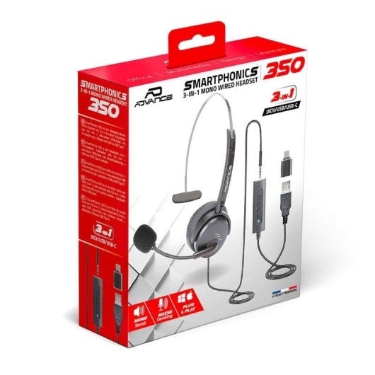 Casque Advance MIC-U350 filaire Jack 3,5 mm mono avec télécommande adaptateur USB-C noir