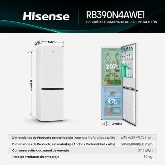 Frigorífico Combi Hisense RB390N4AWE1 No Frost 186 cm 304 L E Branco