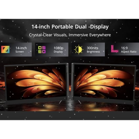 Monitor Blackview DCM6 de 14 polegadas, Full HD, 60Hz, IPS, com duas portas USB-C e suporte em alumínio.