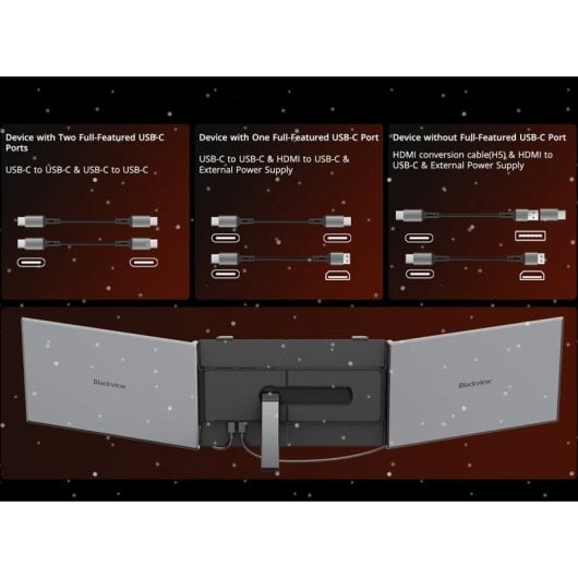 Monitor Blackview DCM6 de 14 polegadas, Full HD, 60Hz, IPS, com duas portas USB-C e suporte em alumínio.