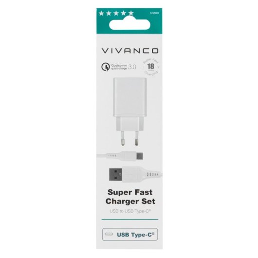 Cargador Vivanco Super Fast USB Tipo C Quick Charge 3.0 18W Blanco