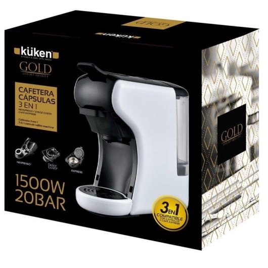 Cafeteira cápsulas 3 em 1 Kuken 34190 0.6L 1500W 20 bar branca preta auto-off