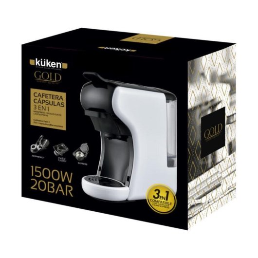 Cafeteira cápsulas 3 em 1 Kuken 34190 0.6L 1500W 20 bar branca preta auto-off