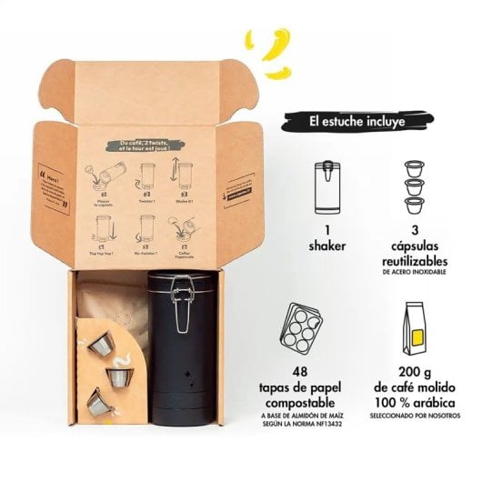 Kit Caps Me: Coqueteleira + 3 Cápsulas Reutilizáveis Compatíveis com Nespresso + 102 Tampas de Papel + Café Arábica (200g)