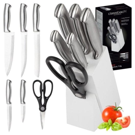 Faca de cozinha Classbach C-MBS 4018 Inox Branco Conjunto 7 Peças com Bloco Madeira