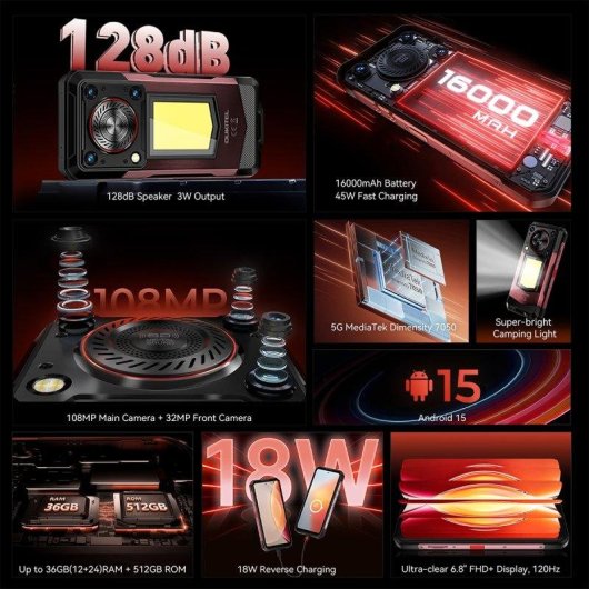 Oukitel WP56 36GB 512GB 6.8" 120Hz 5G Dual SIM Carga Rápida Batería 16000mAh Android 15 Rojo Cámara 108MP