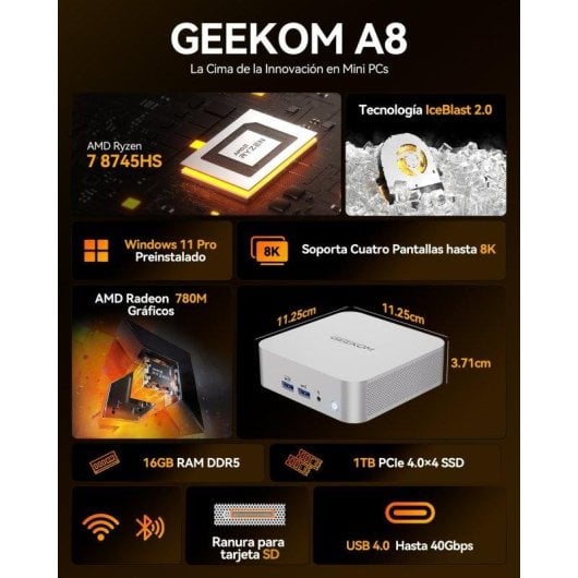 GEEKOM A8 Mini PC AMD Ryzen 7 8745HS 16GB 1TB SSD Radeon 780M Windows 11 Pro erweiterbar