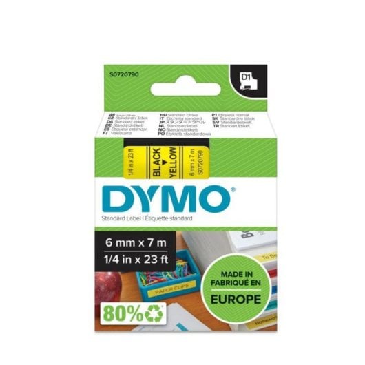 Cinta DYMO D1 6 mm x 7 m negro sobre amarillo poliéster resistente