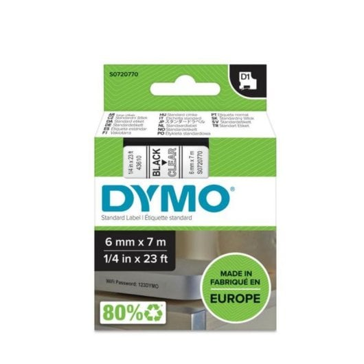 Cinta para impresora de etiquetas DYMO D1 6 mm x 7 m poliéster negro sobre transparente