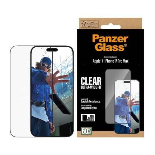 Protetor de Ecrã PanzerGlass iPhone 17 Pro Max Ultra-Wide Fit Fácil Instalação