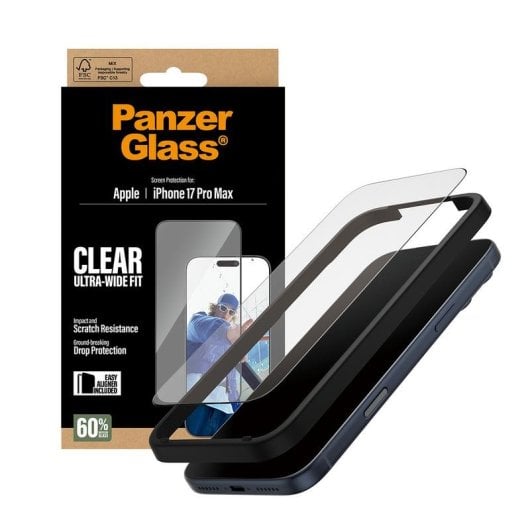 Protetor de Ecrã PanzerGlass iPhone 17 Pro Max Ultra-Wide Fit Fácil Instalação