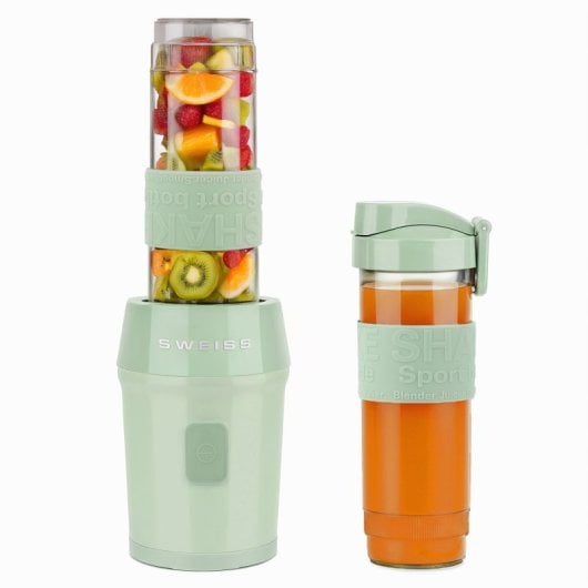 Sweiss Moov7 Mini-Standmixer, Smoothie-Maker, 2 x 570-ml-Flaschen mit Reisedeckeln, 4 Edelstahlklingen, 300 W, Grün