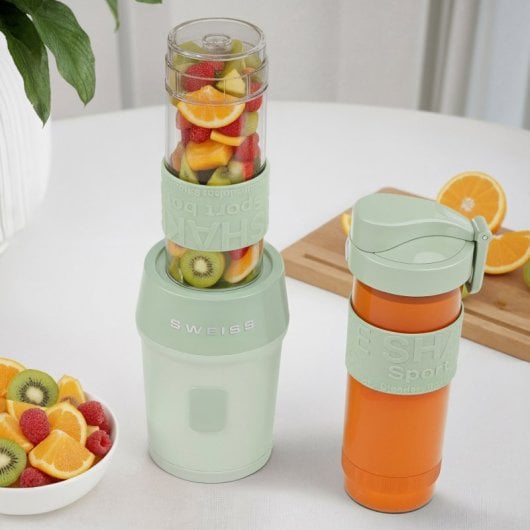 Sweiss Moov7 Mini-Standmixer, Smoothie-Maker, 2 x 570-ml-Flaschen mit Reisedeckeln, 4 Edelstahlklingen, 300 W, Grün