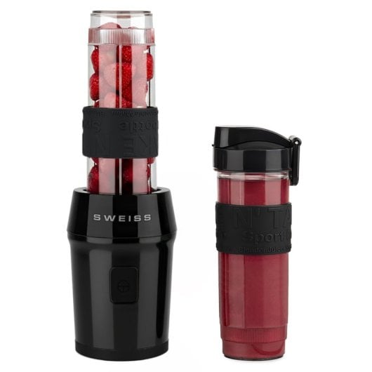 Sweiss Moov9 Mini-Standmixer, Smoothie-Maker, 2 x 570-ml-Flaschen mit Reisedeckeln, 4 Edelstahlklingen, 300 W, Schwarz