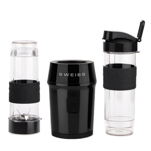 Sweiss Moov9 Mini-Standmixer, Smoothie-Maker, 2 x 570-ml-Flaschen mit Reisedeckeln, 4 Edelstahlklingen, 300 W, Schwarz