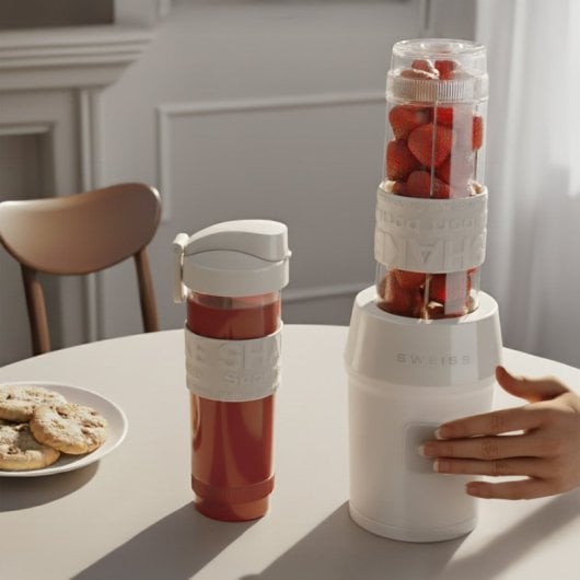 Sweiss Moov8 Mini-Standmixer, Smoothie-Maker, 2 x 570-ml-Flaschen mit Reisedeckeln, 4 Edelstahlklingen, 300 W, Beige