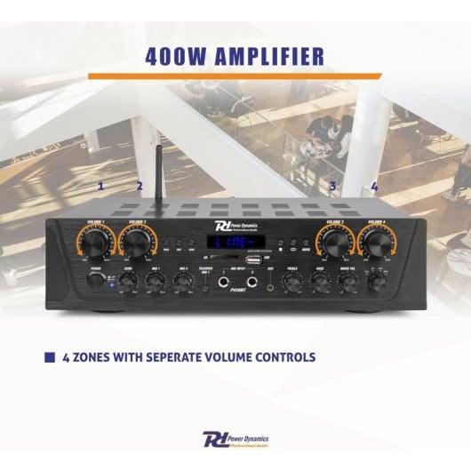 Amplificatore Audio Power Dynamics PV240BT 240W RMS Bluetooth/USB/FM Multizona Controllo Bass Alti