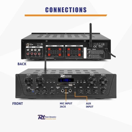 Amplificatore Audio Power Dynamics PV240BT 240W RMS Bluetooth/USB/FM Multizona Controllo Bass Alti