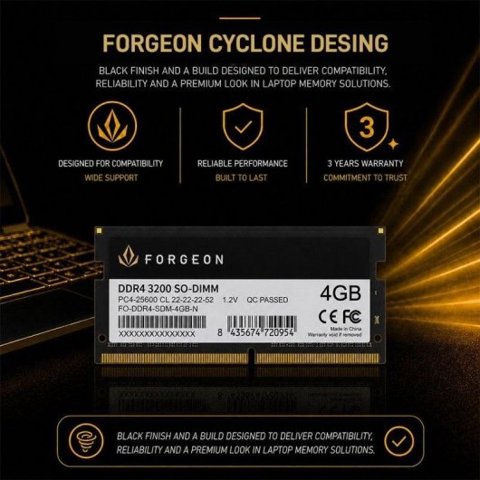 Memória RAM Forgeon Cyclone PLUS 4GB 1x4GB DDR4 3200MHz CL22 Preto SO-DIMM