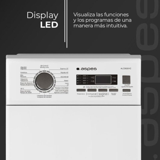Lavadora Aspes ALCS6201C Carga Superior 6 kg 1200 rpm Clase C Blanca Display LED Vapor