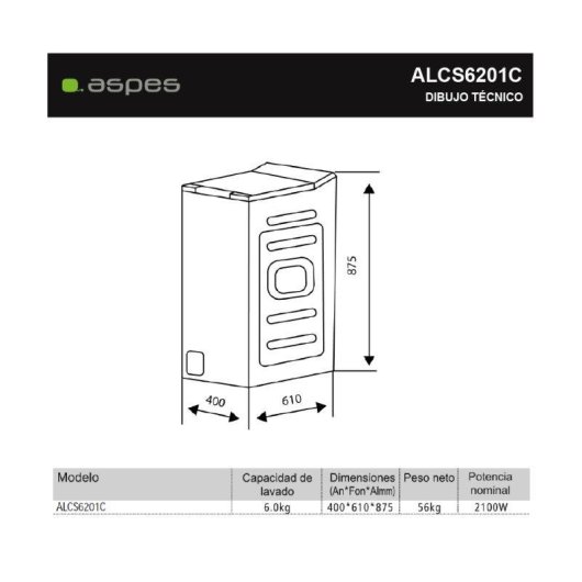 Lavadora Aspes ALCS6201C Carga Superior 6 kg 1200 rpm Clase C Blanca Display LED Vapor