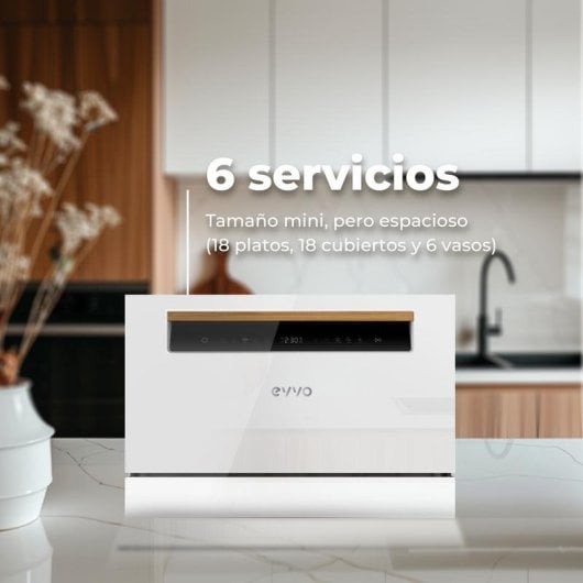 Lavavajillas Evvo Mini D 6 Servicios Clase D compacto con panel táctil y inicio diferido