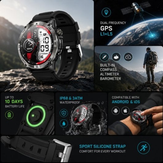 Nilait Watch Commeta One GPS Dupla Frequência AMOLED 1,43'' Preto Silicone