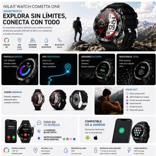 Nilait Watch Commeta One smartwatch AMOLED con GPS de alto rendimiento (Negro)