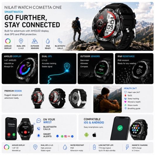 Nilait Watch Commeta One smartwatch AMOLED con GPS de alto rendimiento (Negro)